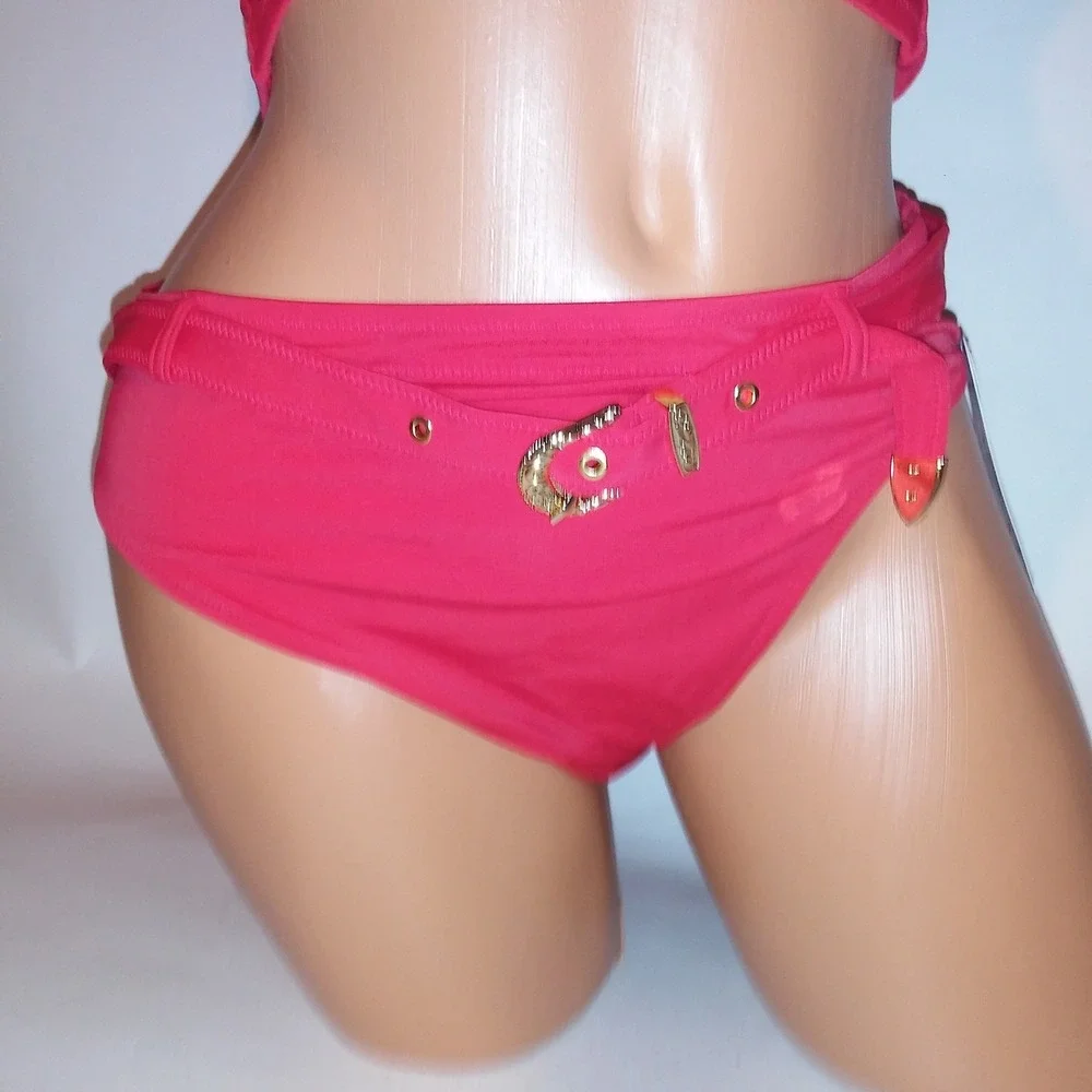 Victoria Secret PINK Swim Bikini XL Top & Bottom Red Solid Long Line Belted New